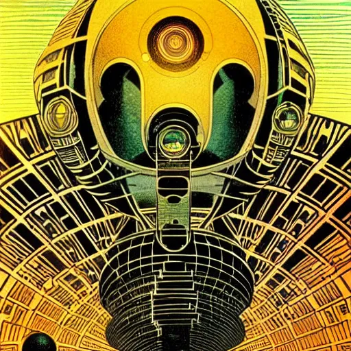 Image similar to 1970s sci-fi illustrations in the style of Nikolai Lutohin, highly detailed, Nigredo, dark enlightenment, alchemy, Art deco.