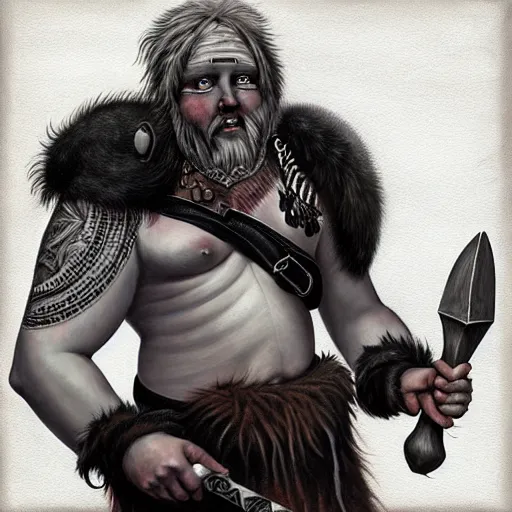 Image similar to “ painting by brom of large gray skinned humanoid with black geometric tattoos, smirking, holding a battle axe, bare chest, fur loin cloth, fur boots, potions and pouches strapped to belt, worn leather backpack, scars and scratches on skin ” artstation, highly detailed, “ dungeons & dragons ” dnd d & d,