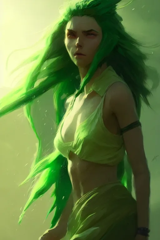 Image similar to character art by greg rutkowski, young woman, green hair, green skin, nature powers, 4 k, arstation, trending