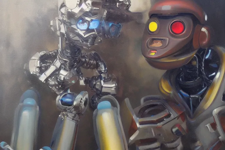 Prompt: oil painting of a human artist and a robot fighting, highly detailed, 4k, trending on artstation, realistic human!!!!