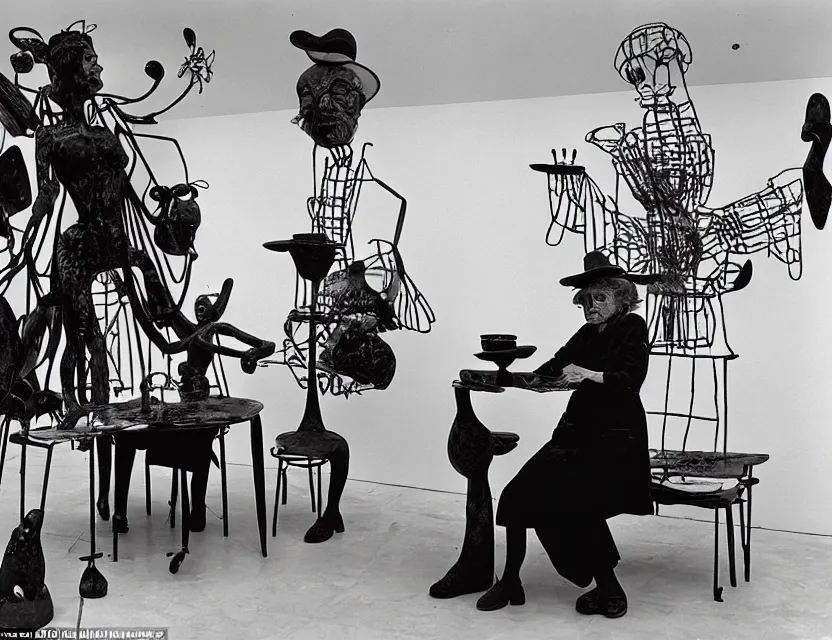 Prompt: a sculpture installation painted as a strange dusty professor in black suite and hat and a old woman making a study of drinking ten cups of black coffee in five seconds in a kitchen that is melting dali, styled by jean tinguely and niki de saint phalle