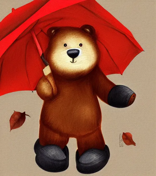 Prompt: autumn a bear with an umbrella cartoon trending on artstation