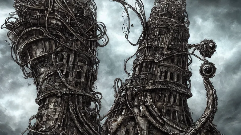 Prompt: A tower with an Eyeball at the top!!!, BioMechanical like Giger, with tentacles coming out, looking over a stormy post-apocalyptic wasteland, dystopian art, wide lens