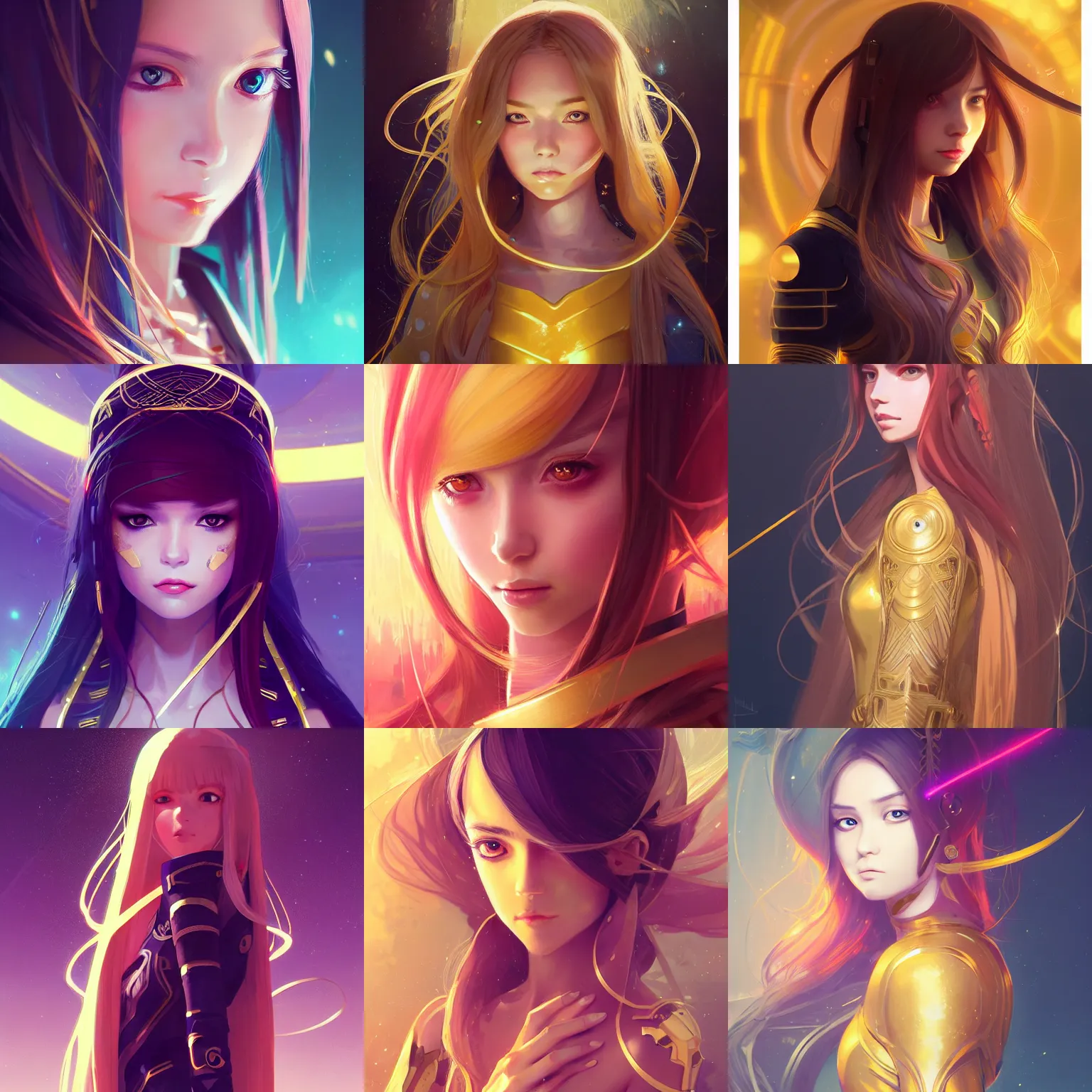 Prompt: highly detailed portrait girl in futuristic luxurious golden dress holding a ceremonial sword, long curvy hair, colourful palette, pretty face, cute face, symmetrical face, intimidating expression, red eyes, anime by greg rutkowski rossdraws makoto shinkai, intricate details, adobe illustrator, trending on pixiv, behance