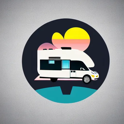 Image similar to very very very stylized minimal vector graphic of a thor chateau motorhome, hills and sunset!!, white background, all enclosed in a circle, dramatic, professional minimal graphic design cartoon