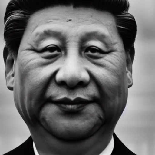 Image similar to photo of Xi Jinping by Diane Arbus, extreme closeup, black and white, high contrast, Rolleiflex, 55mm f/4 lens