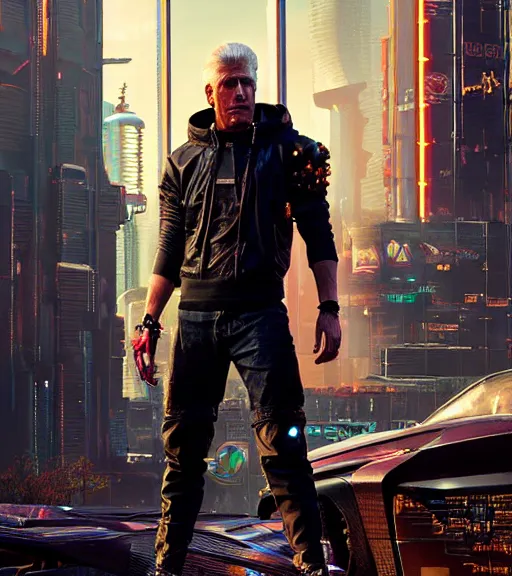 Image similar to cyberpunk 2 0 7 7, charismatic rugged male battle ted danson - mage portrait, clothed in hooded, metal - plated battle armor atmospheric lighting painted intricate volumetric lighting, beautiful, sharp focus, ultra detailed by leesha hannigan, ross tran, thierry doizon, kai carpenter, ignacio fernandez rios