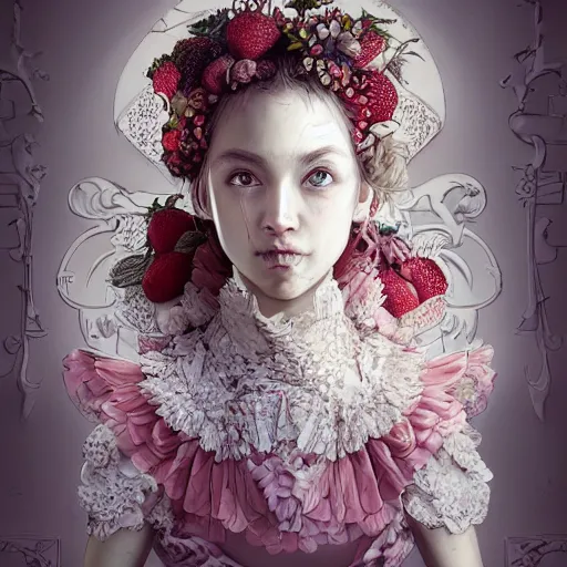 Prompt: the portrait of an absurdly beautiful, graceful, elegant, sophisticated, fashionable little girl made of strawberries and white petals looking down, an ultrafine hyperdetailed illustration by kim jung gi, irakli nadar, intricate linework, bright colors, octopath traveler, final fantasy, unreal engine 5 highly rendered, global illumination, radiant light, detailed and intricate environment