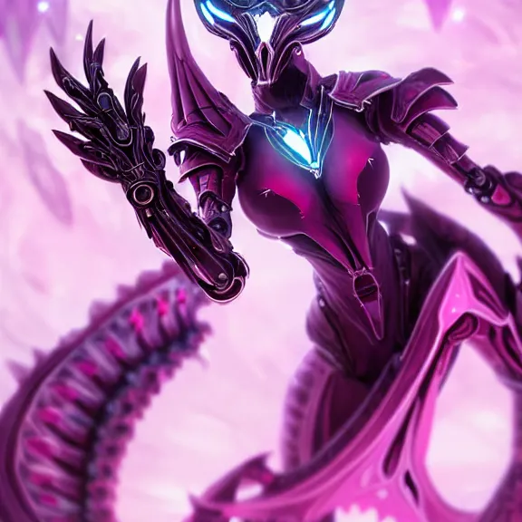 Prompt: highly detailed exquisite fanart, of a beautiful female warframe, but as an anthropomorphic elegant robot female dragoness, glowing eyes shiny, and smooth off-white plated armor, bright Fuchsia skin beneath the armor, sharp claws, long sleek tail behind, robot dragon hands and feet, standing elegant pose, close-up shot, full body shot, epic cinematic shot, professional digital art, high end digital art, singular, realistic, DeviantArt, artstation, Furaffinity, 8k HD render, epic lighting, depth of field