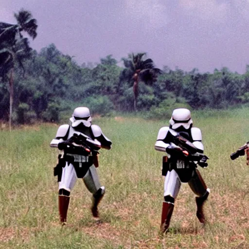 Image similar to star wars clone troopers combat soldiers in vietnam, photo, old picture, lush landscape, jungle, firearms, explosions, helicopters, aerial combat, active battle zone, flamethrower, air support, jedi, land mines, gunfire, violent, star destroyers, star wars lasers, sci - fi, jetpacks, agent orange, bomber planes, smoke, trench warfare