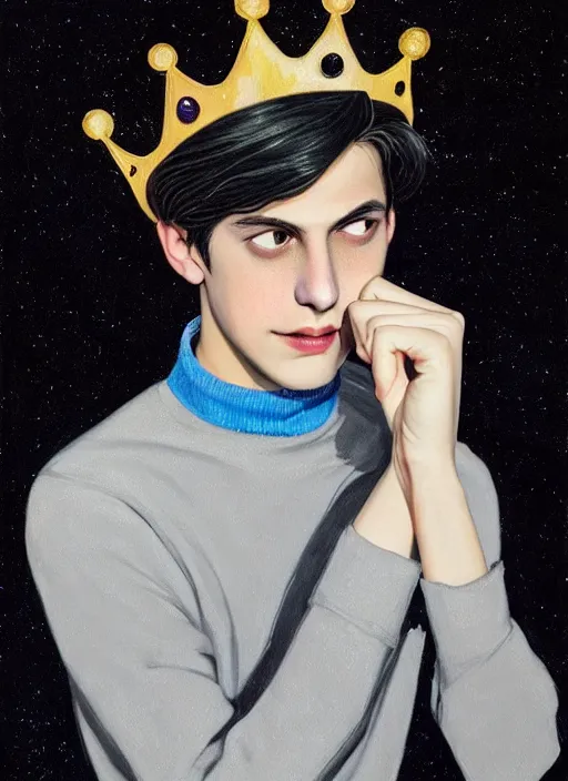 Image similar to portrait of teenage jughead jones wearing a light grey crown, crown, blue turtleneck, 1 9 5 0 s, closed eyes, photorealistic, black hair, glowing lighting, intricate, elegant, glowing lights, highly detailed, digital painting, artstation, concept art, smooth, sharp focus, illustration, art by wlop, mars ravelo and greg rutkowski