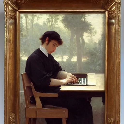 Image similar to an oil painting of an man playing a laptop, by Bouguereau, highly detailed and intricate,