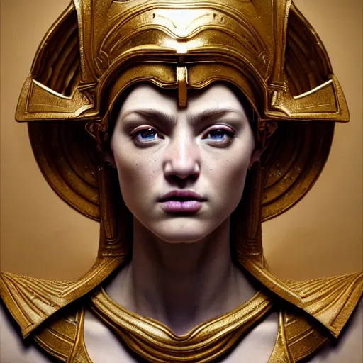 Image similar to hyperrealistic mixed media painting of beautiful goddess Athena, stunning 3d render inspired art by P. Craig Russell and Barry Windsor-Smith, perfect facial symmetry, dim volumetric lighting, 8k octane beautifully detailed render, post-processing, portrait, extremely hyper-detailed, intricate, epic composition, brown eyes, cinematic lighting, masterpiece, trending on artstation, very very detailed, masterpiece, stunning