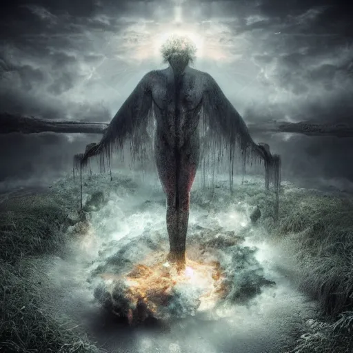 Image similar to Editorial Masterpiece extremely realistic Legendary elemental High Orders Nephilim Virtues figure infused with coalesced crystalline fire by Erik Johansson, perfect light