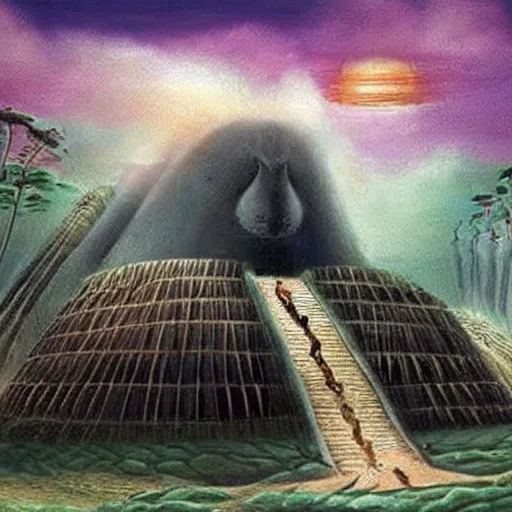 Image similar to ancient civilizations living on a giant and weird animal, beautiful depiction of another world