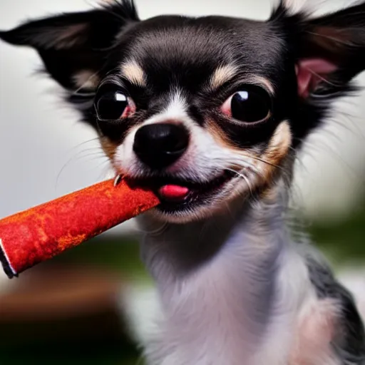 Prompt: chihuahua toking a fat joint with very red bloodshot eyes