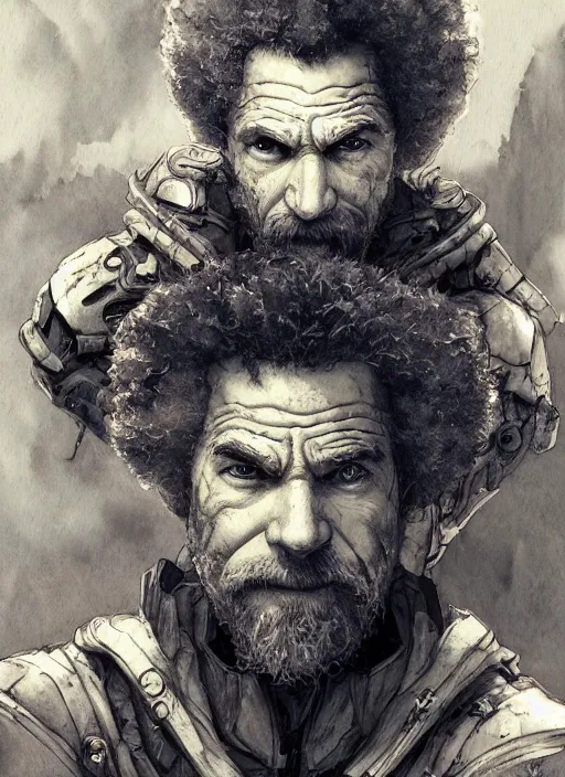 Image similar to portrait, Epic robot Bob Ross, watercolor, dramatic lighting, cinematic, establishing shot, extremly high detail, foto realistic, cinematic lighting, pen and ink, intricate line drawings, by Yoshitaka Amano, Ruan Jia, Kentaro Miura, Artgerm, post processed, concept art, artstation, matte painting, style by eddie mendoza, raphael lacoste, alex ross