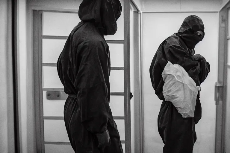 Prompt: a cinematic portrait of a prisoner dressed in a a black and white hazmat suit, in a small prison cell, dust storm, emergency exit, annie leibovitz and zack snyder, 8 k, hd, high resolution, 8 5 mm, f / 1. 8