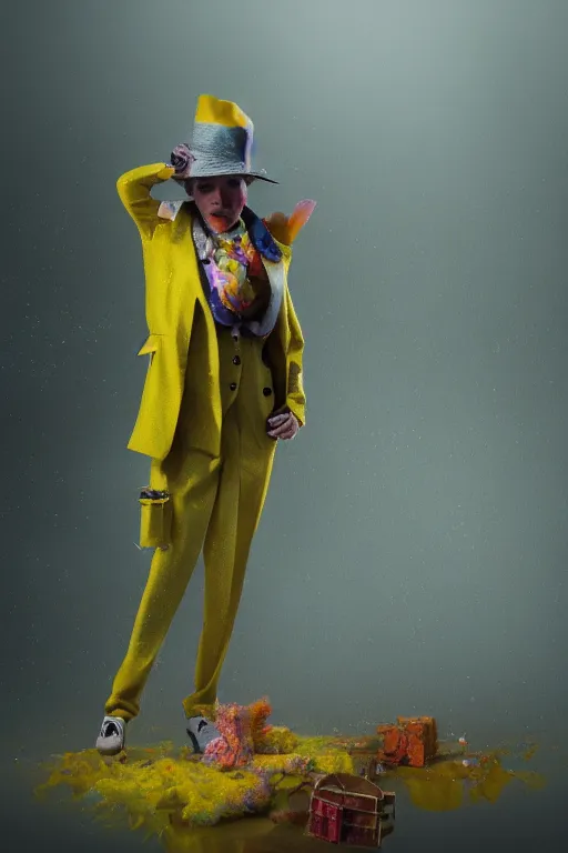 Image similar to a scene filled with yellow fog and with a creature wearing a super colorful muted color diy! suit, with a lot of pockets and details, vivienne westwood!, detailed photoreal render octane render, oil on canvas, pointillism