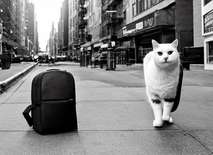 Prompt: photography of a Cat being carried in an half open backpack . in a new york street. award winning photo, led lighting, night, 130mm, sharp, high res