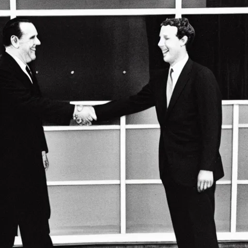 Prompt: photo of richard nixon shaking hands with mark zuckerberg