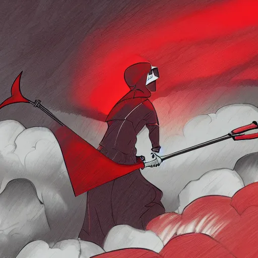 Image similar to red grim reaper holding his scythe in a red thunderstorm, cel shaded, anime art style, highly detailed