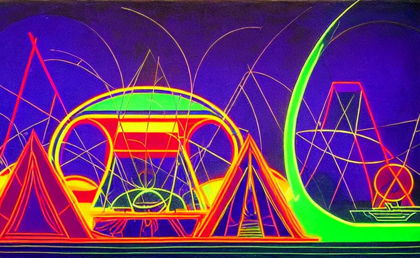 Image similar to geometric neon painting of tomorrowland by hieronymus bosch