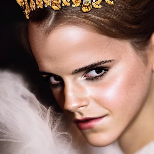 Image similar to emma watson as queen, big crown adorned with emerald, diamonds, topaz and other jewellaries, sensual, beautiful soft light failling on her face, studio photography, nikon 3 5 mm portrait photography, ultra realistic