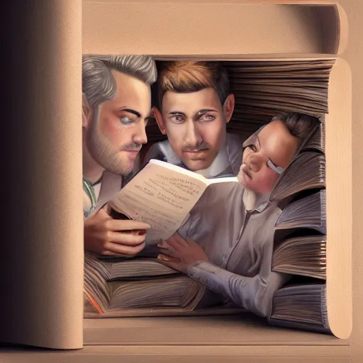 Image similar to a realistic painting of three male and one female characters emerging from inside a book, trending on artstation, detailed digital art