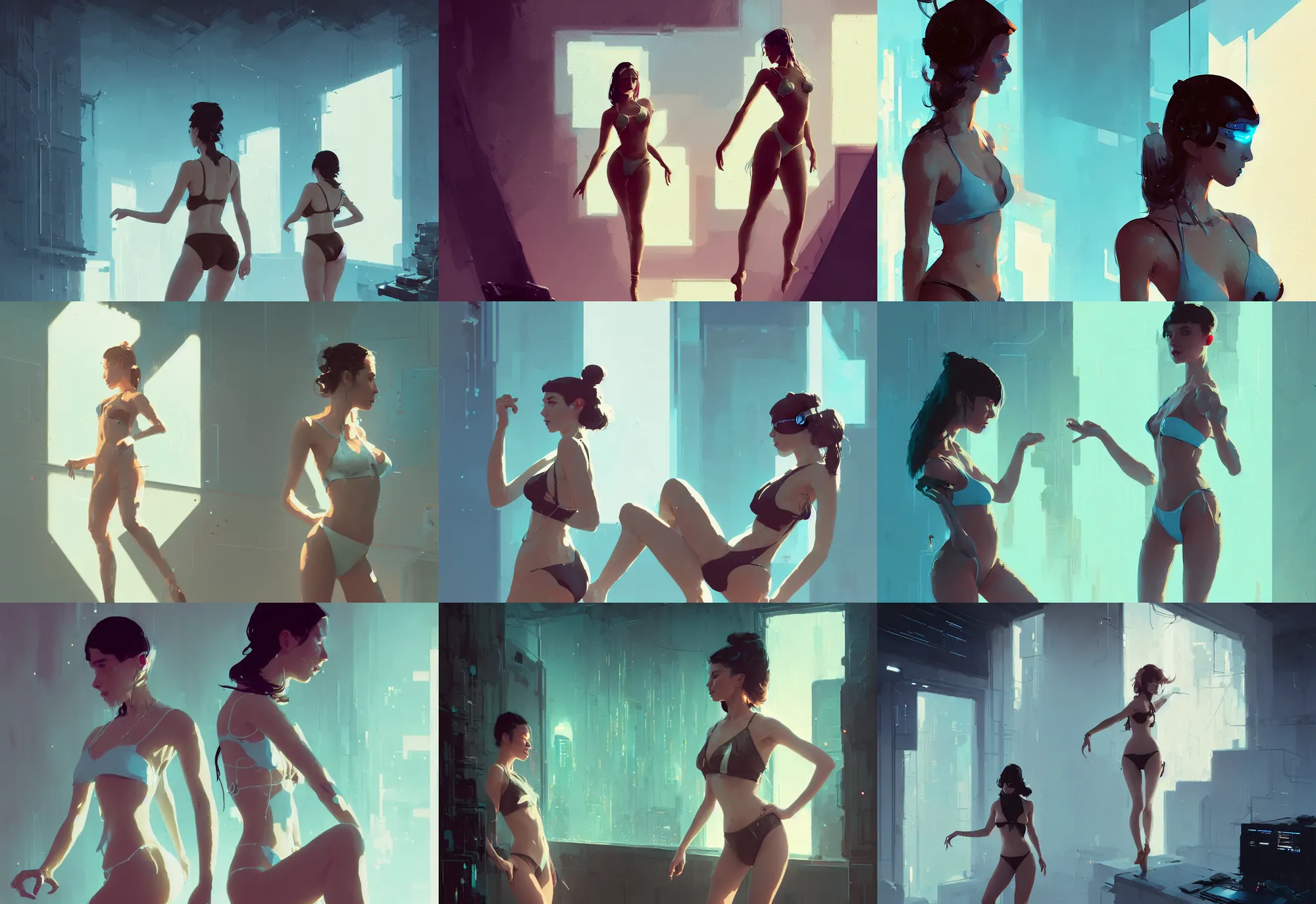 Prompt: a portrait of a young woman dancer in studio, sheer bikini, cyberpunk, fantasy, by atey ghailan, by greg rutkowski, by greg tocchini, by james gilleard, by joe gb fenton, by in kaethe butcher, dynamic lighting, gradient light blue, brown, blonde cream and white color in scheme, grunge aesthetic