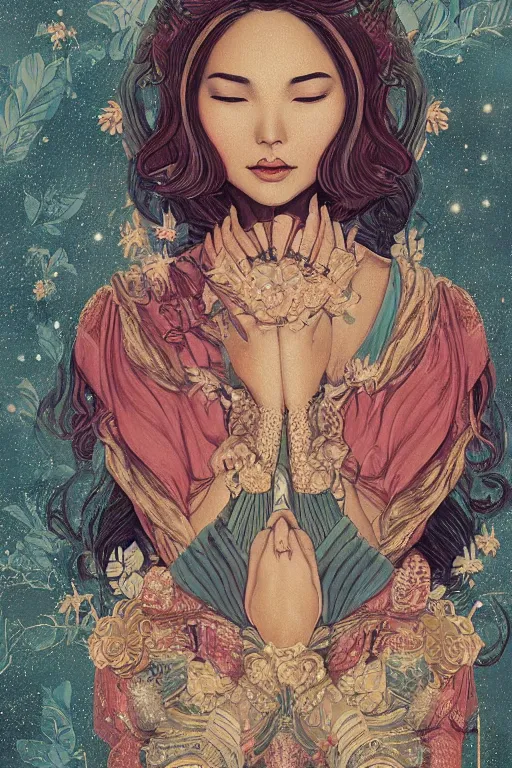 Prompt: intricate, amazing, retro vintage and romanticism, painting by natelle quek, soft color palette, cinematic, highly detailed, godess from space sci - fi of ancient religion