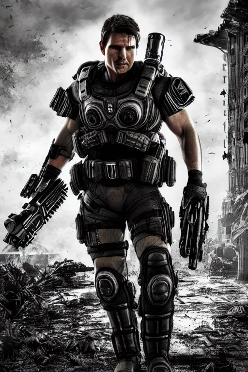 Image similar to Tom Cruise as a Gears of War character, photorealism, half body, HDR ambient background, unreal engine 5, hyperrealistic, highly detailed, XF IQ4, 150MP, 50mm, F1.4, ISO 200, 1/160s, cinematic lights, Adobe Lightroom, photolab, Affinity Photo, PhotoDirector 365, realistic