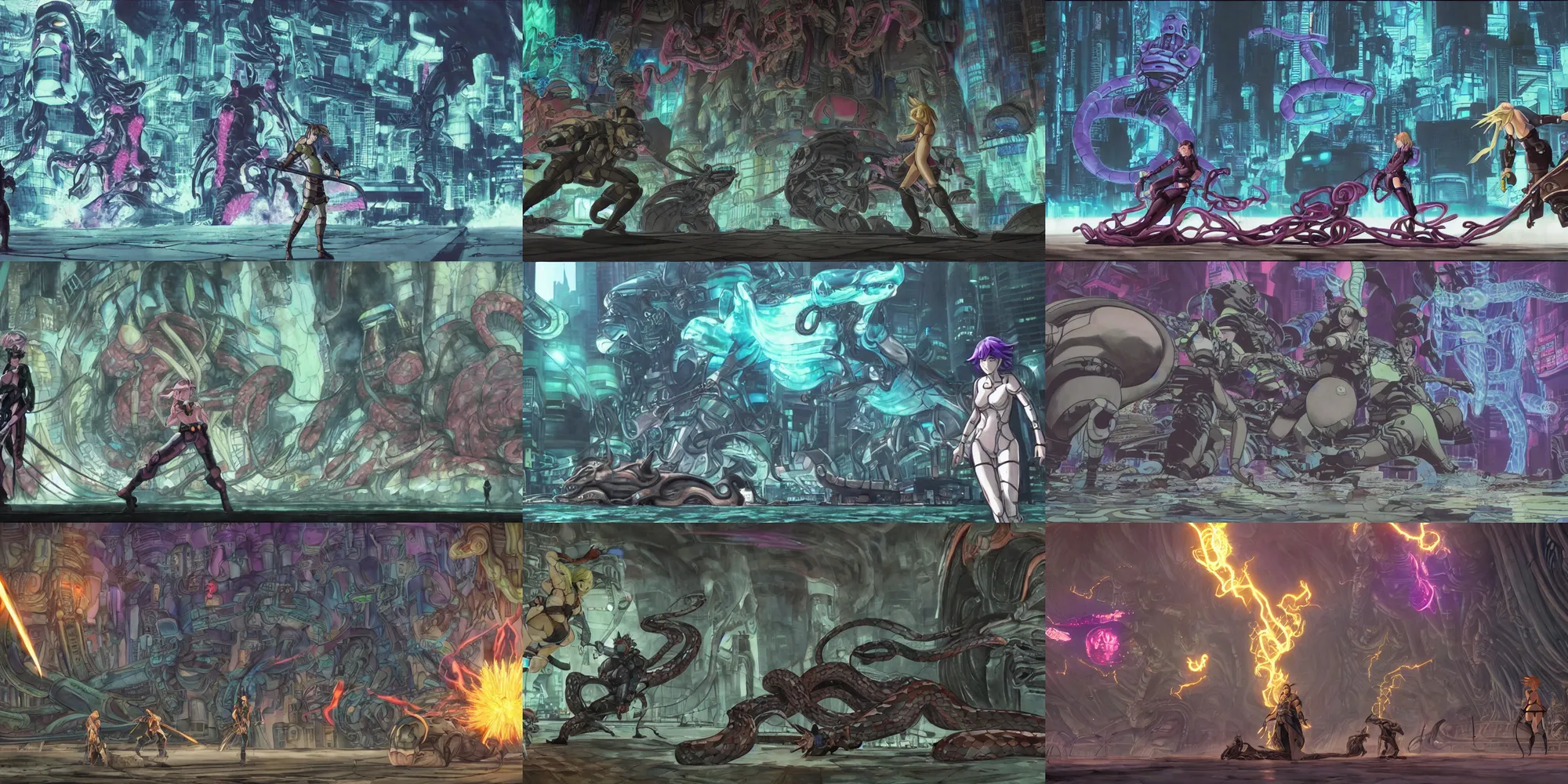 Prompt: incredible screenshot, giant coiling snake boss, simple watercolor, masamune shirow zelda and link ghost in the shell movie scene Kusanagi, hades game boss battle vs pig-ganon, deep chasm, spike pit, giant moai statues, tatsuyuki tanaka, terada, geoff darrow, phil hale, best lighting, bounce light, Akihiko Yoshida, Yoji Shinkawa, bright rim light, hd, 4k, bloom, hdr, remaster, dynamic camera angle, deep 3 point perspective, fish eye, dynamic scene