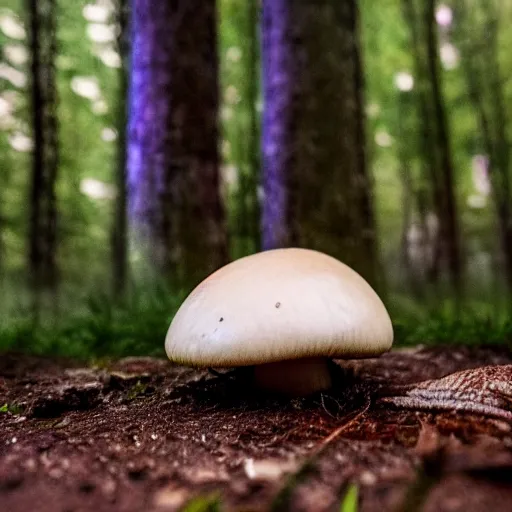 Image similar to photo of a mushroom in front of an old crt monitor displaying white noise in a forest, 4 k, detailed, realistic, cinematic, gloomy lighting, shallow dof