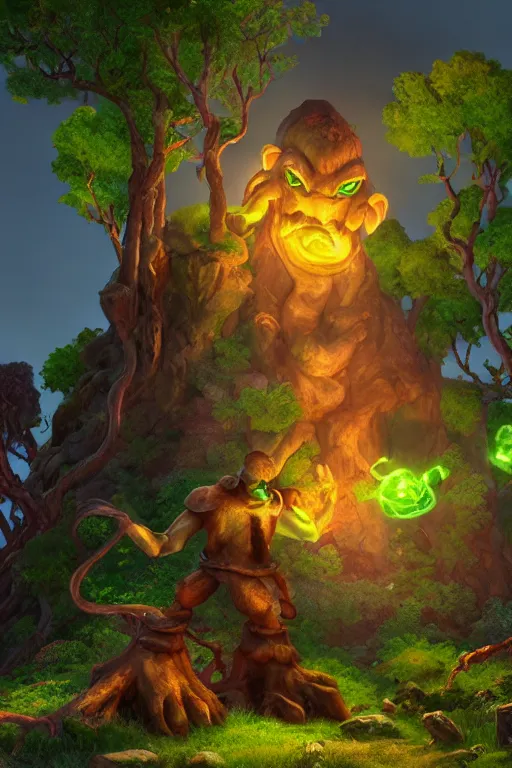 Image similar to arcane fantasy art giant golem elemental wood rock bastion forged gemstone enchanted forest troll, global illumination ray tracing hdr fanart arstation by sung choi and eric pfeiffer and gabriel garza and casper konefal lisa frank zbrush central hardmesh radiating a glowing aura