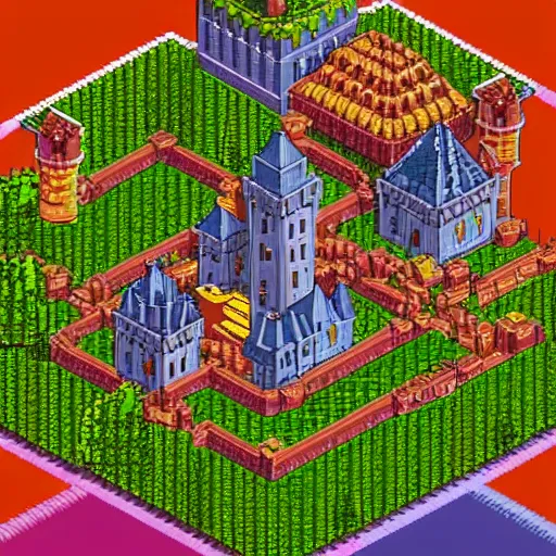 Prompt: isometric pixel art, soft lighting, pixel town, medival Pixelated castle, ultra detailed