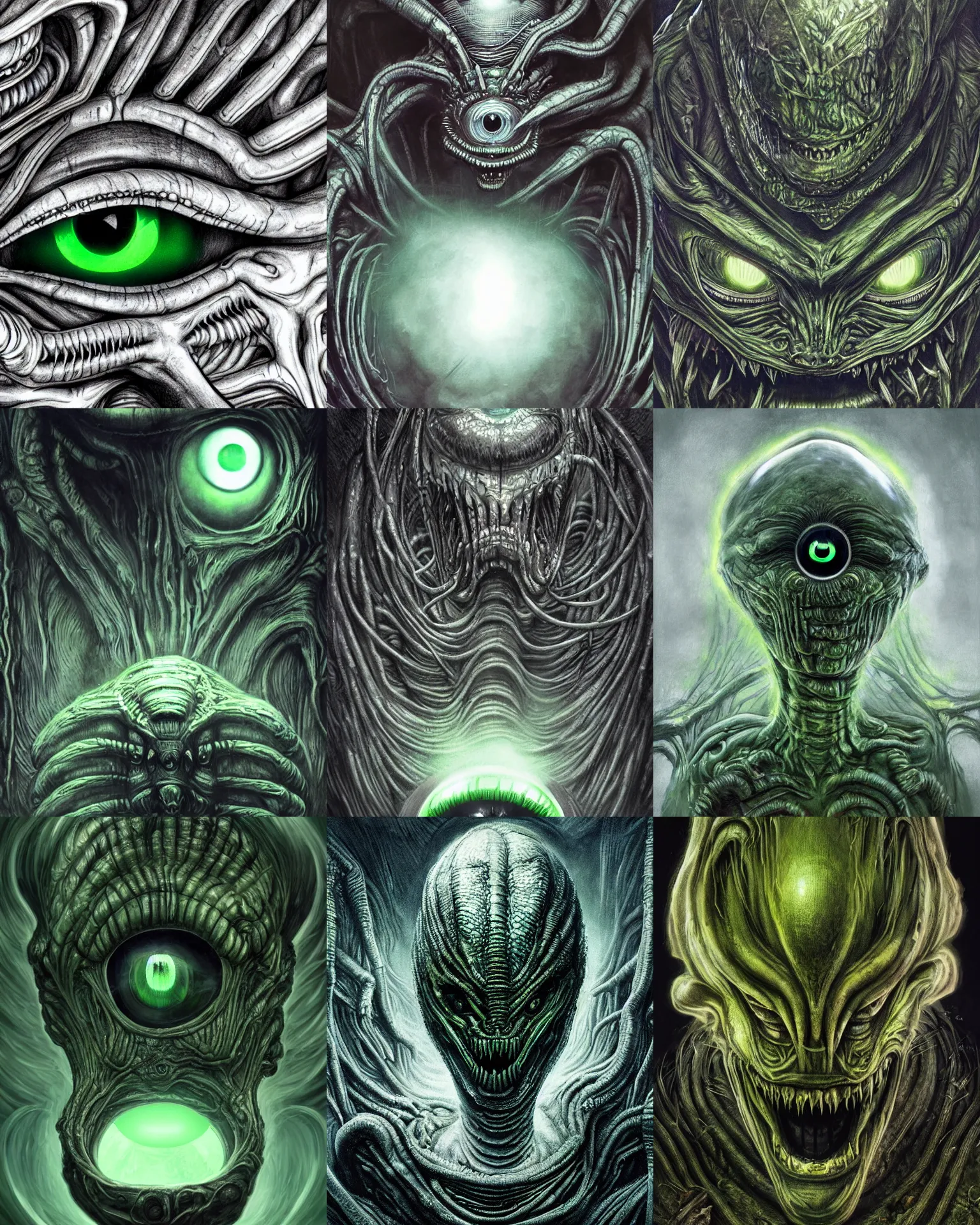 Prompt: grotesque alien beast with long forehead. green semitransparant cloudy glowing faceted eyes. high quality photorealistic 4 k, hyperrealism, volumetric fog, serious, dark, scary, fear, intricate concept art of h. r. giger, symmetric, horror, kaiju looking down worms - eye - view