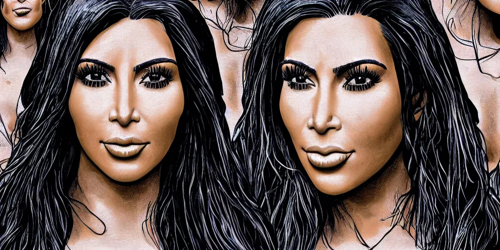 Image similar to hyper realistic kim kardashian on a tomorrow land stage in the style of a slipknot album cover, minimal art style, highly detailed, intricate, digital painting, artstation, 3 5 mm film grain
