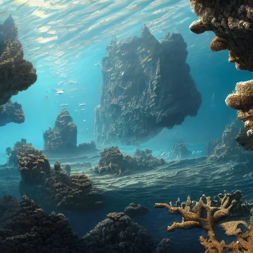 Prompt: a beautifully hyperdetailed matte painting of a wonder wall in an underwater landscape emitting Gold and Slate grey energy bubbles, teal sea, art by Albert Bierdstat, and Raphael Lacoste and Dave Noton, 4k, unreal engine, trending on artstation