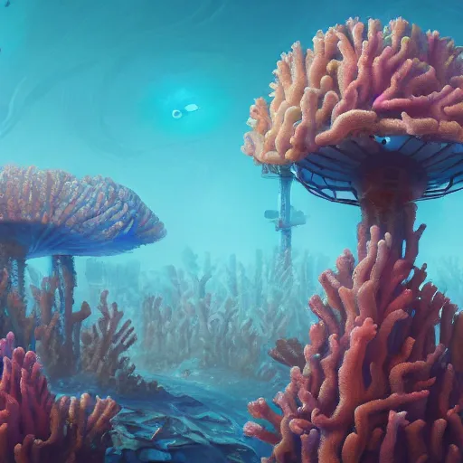 Image similar to beautiful painting of underwater corals as broadcast towers and flowers in white alien monuments in the style of Simon Stålenhag and H. R. Giger, detailed, trending on Artstation