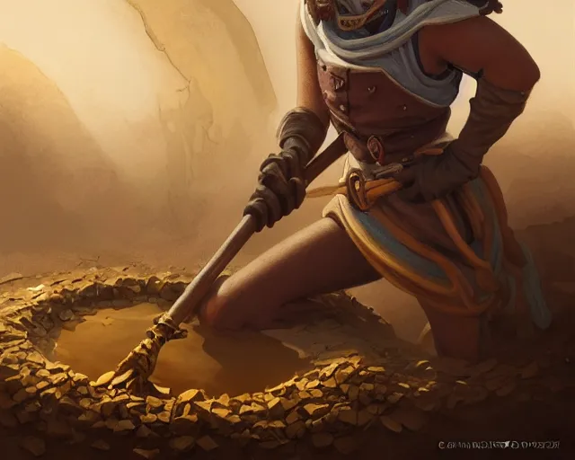 Image similar to spade, digging, gold, discovery, miner, dirt, mud, soil, earth, deep focus, d & d, fantasy, intricate, elegant, highly detailed, digital painting, artstation, concept art, matte, sharp focus, illustration, hearthstone, art by artgerm and greg rutkowski and alphonse mucha