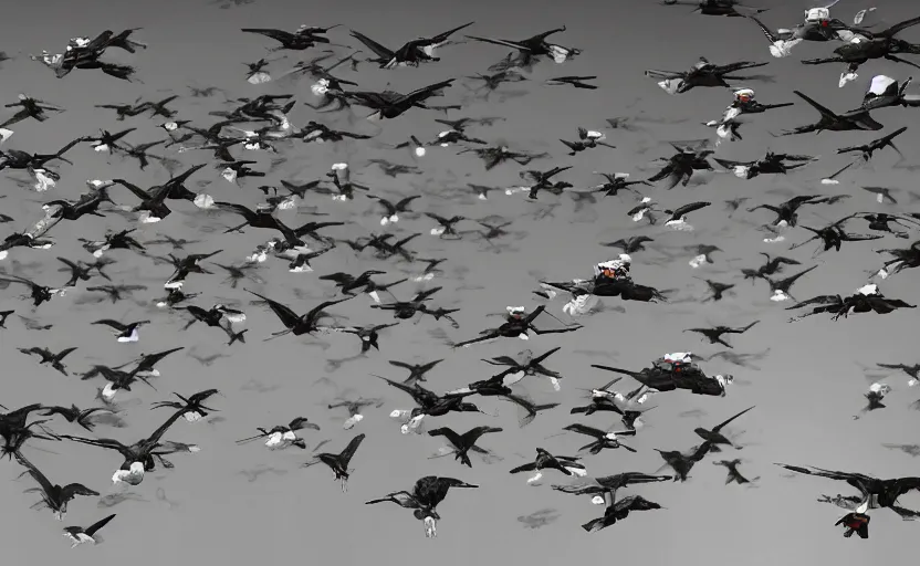 Image similar to a flock of robotic birds at the charging station, hyperdetailed, hyperrealistic