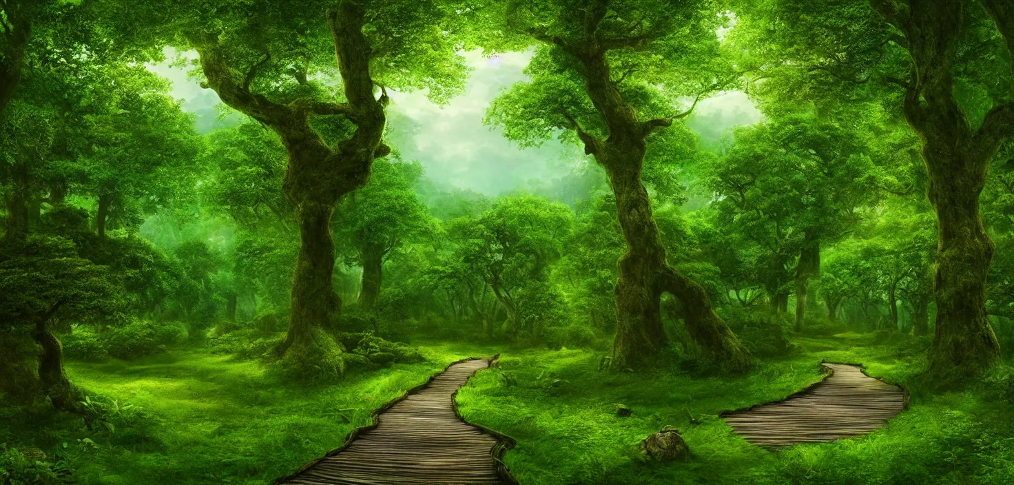 Image similar to a wooden path in the middle of a lush green forest, a detailed matte painting by john eyre, shutterstock contest winner, magical realism, enchanting, matte painting, mystical