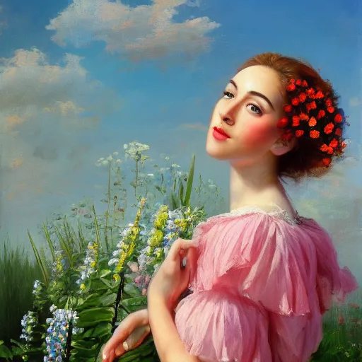 Prompt: a portrait of a romantic woman with flowers grow out of hair, roses peonies forget-me-nots dahlias lupins gladioli, sky theme in background, by Alexandr Averin, Digital Art, Trending on artstation -7