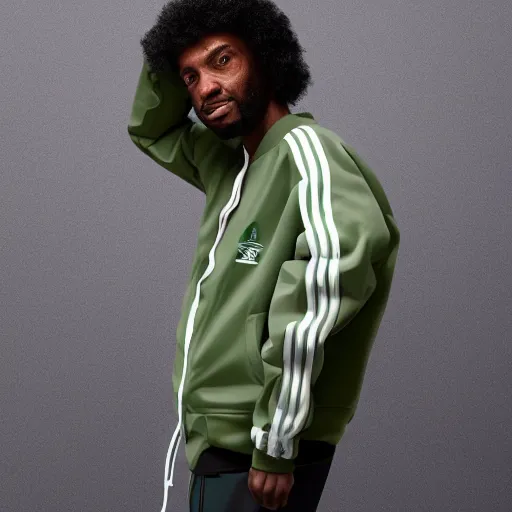 Image similar to low polygon render of a black man with afro hair and raspy bear stubble, wearing an army green adidas jacket, high quality, minimalist