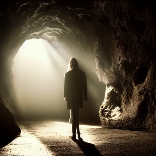 Image similar to real vampire, cinematic lighting, god rays through fog,, cave, mood scary,,