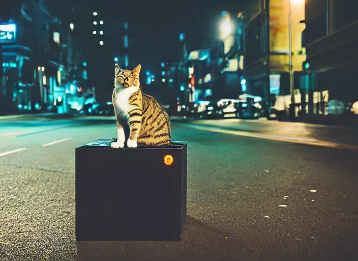 Image similar to photography of a Cat sitting on a box. in a cyberpunk street, award winning photo, led lighting, night, 24mm, sharp, high res