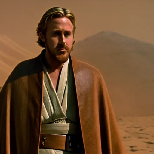 Image similar to ryan gosling as Obi-Wan kenobi standing on mustafar star wars revenge of the sith movie still medium shot 65mm