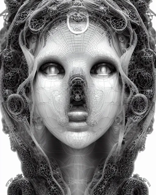 Prompt: mythical dreamy black and white organic bio - mechanical spinal ribbed profile face portrait detail of translucent steampunk beautiful intricate monochrome angelic - human - queen - vegetal - cyborg, highly detailed, intricate translucent jellyfish ornate, poetic, translucent microchip ornate, 3 d render, digital art, octane render, 8 k artistic lithography