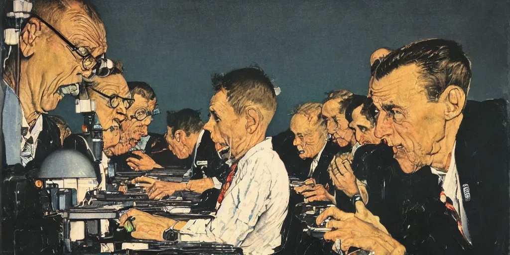 Image similar to staring into a computer screen, norman rockwell style, ralph steadman style, night color scheme